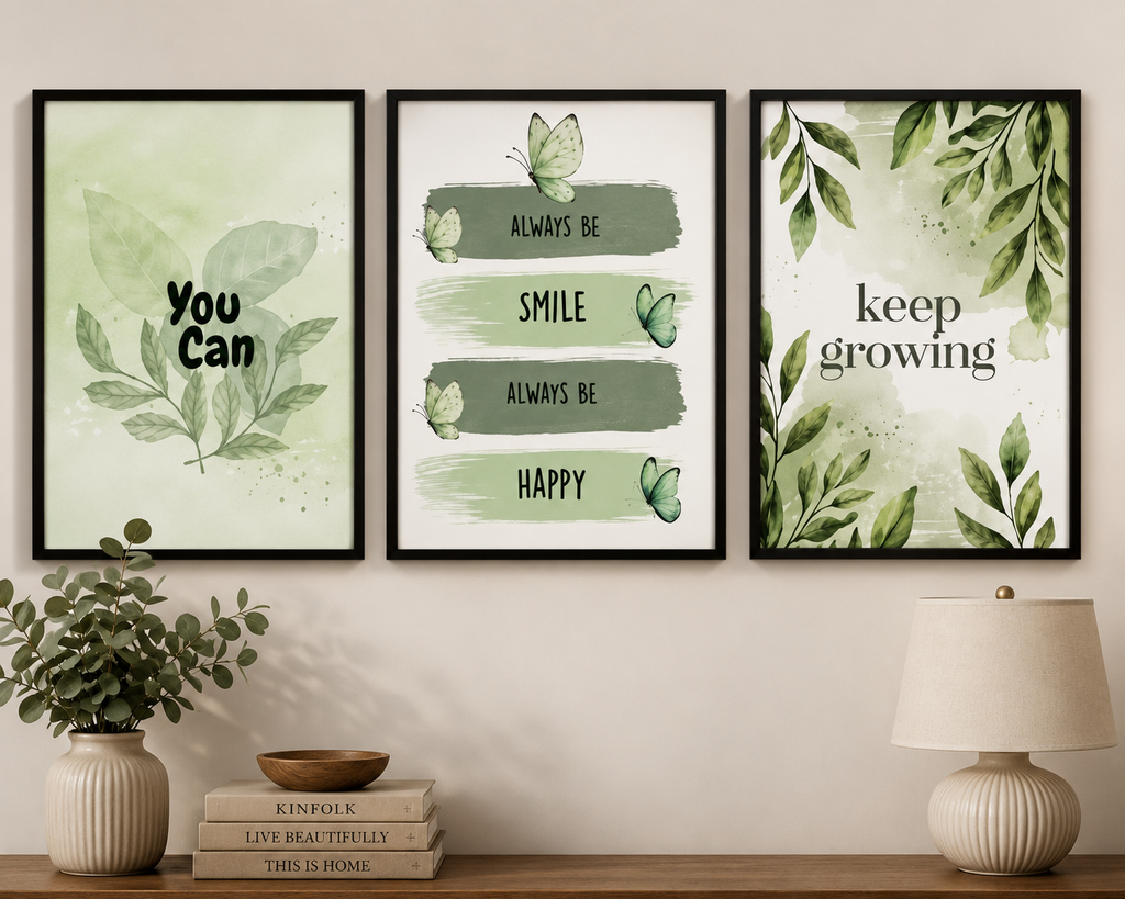 Set of 3 Green Botanical Framed Wall Art - Motivational Quotes & Butterfly Posters for Living Room, Bedroom & Home Decor