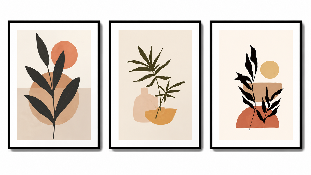 Set of 3 Boho Botanical Framed Wall Art - Minimalist Abstract Leaf Painting in Earthy Tones for Living Room & Bedroom Decor