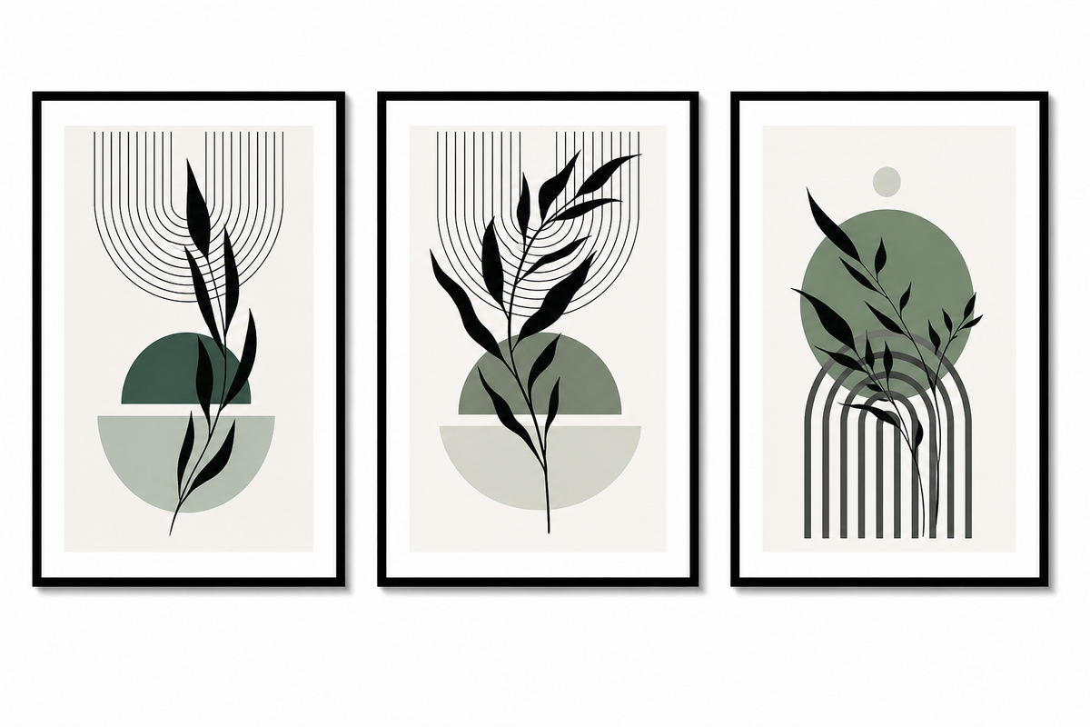 Premium Designer Gallery Wall Art Set - Minimalist Sage Green Botanical Framed Posters with Black Frames (Set of 3)
