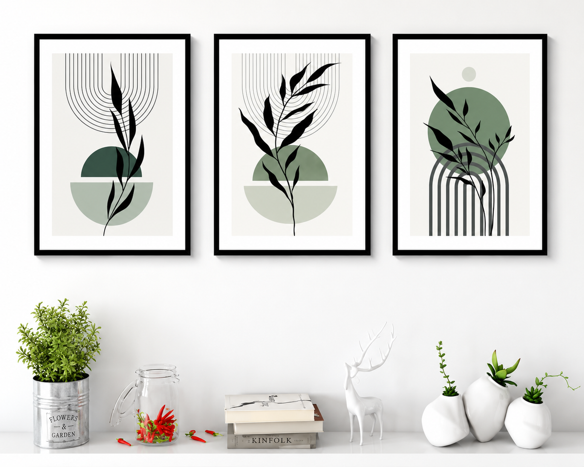 Premium Designer Gallery Wall Art Set - Minimalist Sage Green Botanical Framed Posters with Black Frames (Set of 3)