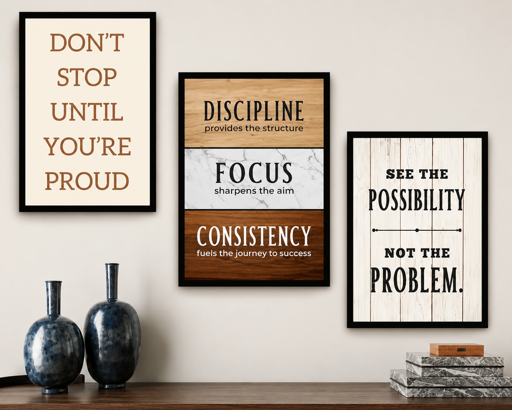 Set of 3 Motivational Quotes Framed Wall Art - Inspirational Posters with Black Frames for Office, Study Room & Home Decor