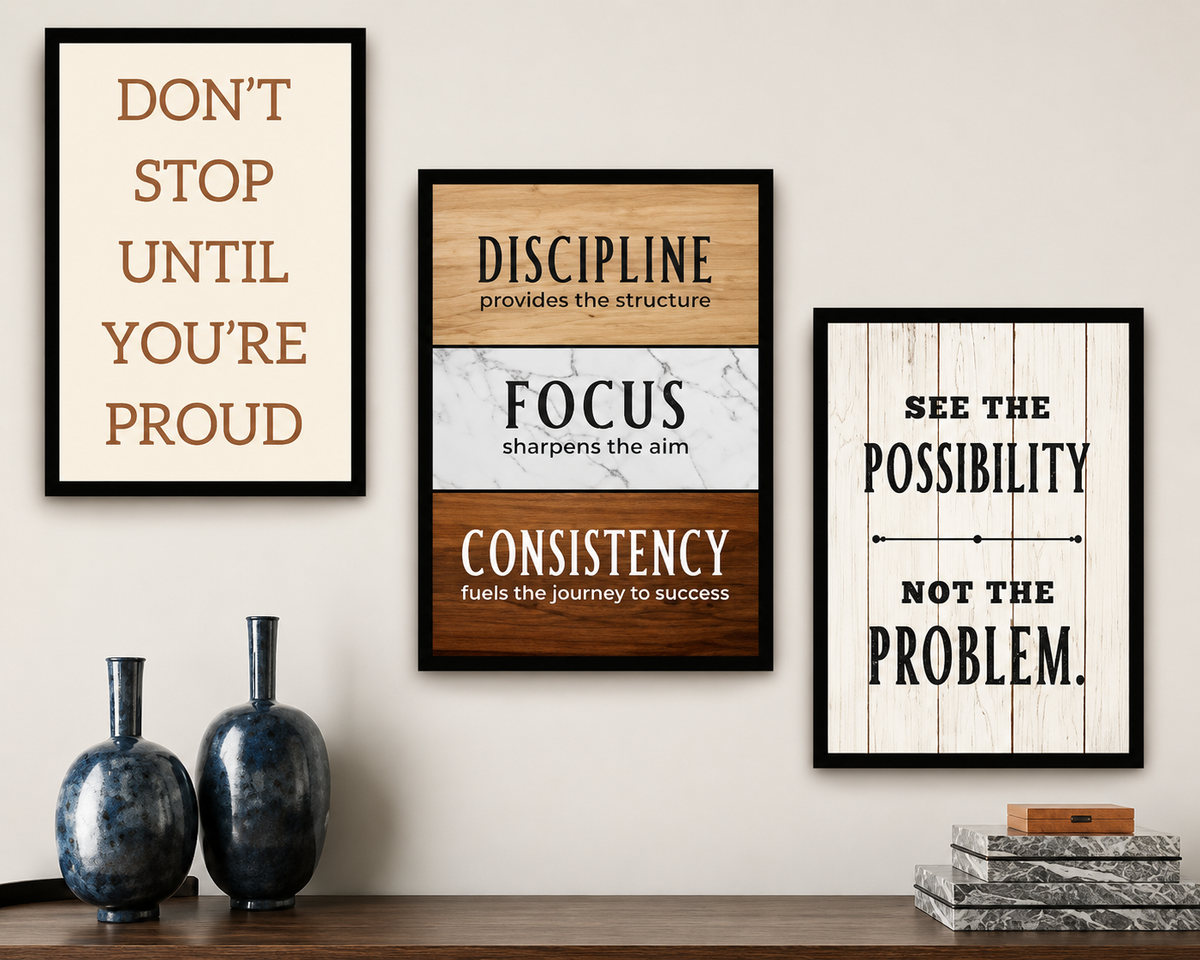 Set of 3 Motivational Quotes Framed Wall Art - Inspirational Posters with Black Frames for Office, Study Room & Home Decor