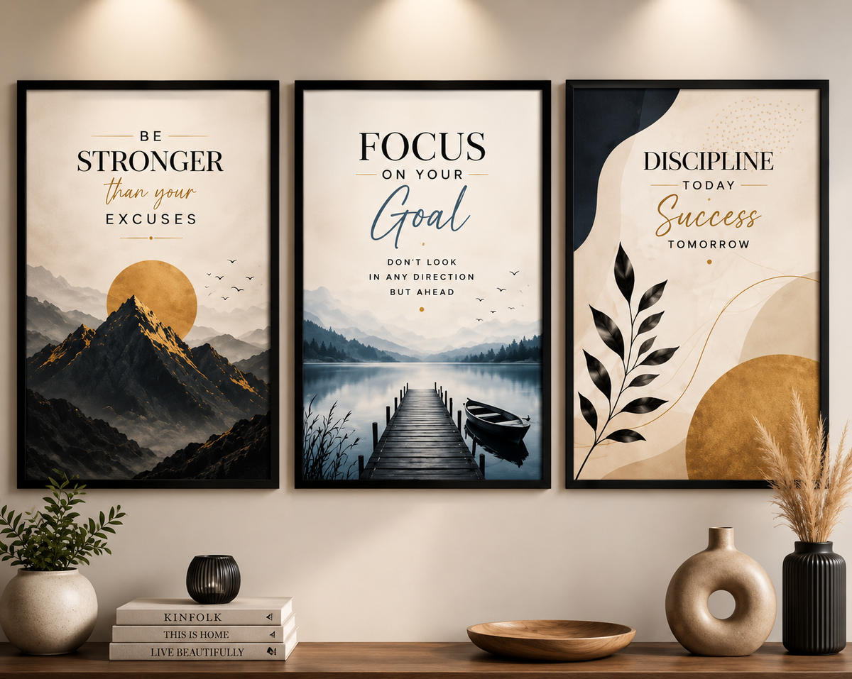 Premium Success Mindset Gallery Wall Set - Elegant Landscape & Boho Motivational Framed Art (Set of 3)