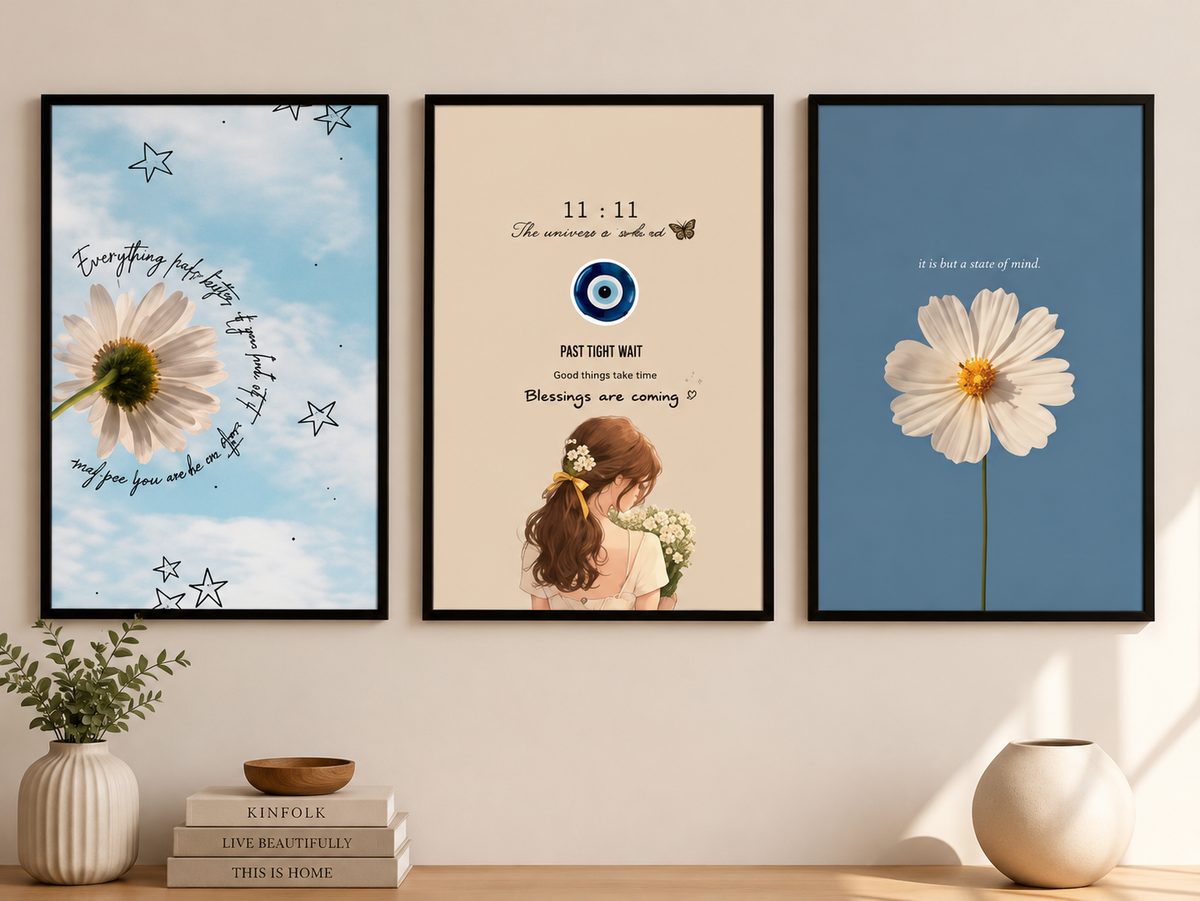 Premium Positive Energy Gallery Wall Set - Elegant 11:11 Evil Eye & Daisy Framed Art (Set of 3)