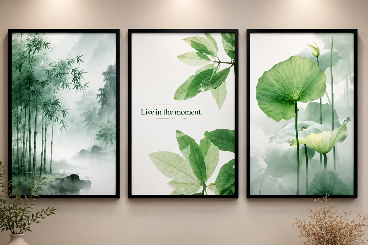 -Piece Zen Botanical Wall Art Set - Bamboo Forest & Lotus Watercolor Prints with Inspirational Quote