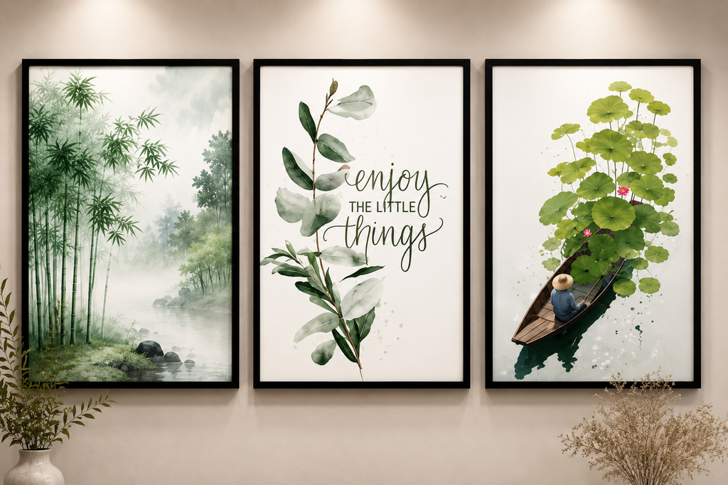 3-Piece Zen Botanical Watercolor Wall Art Set - Bamboo Forest, Lotus Boat & Inspirational Quote Canvas Prints