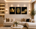 3-Piece Gold Botanical Wall Art Set - Luxury Black & Gold Leaf Canvas Prints for Living Room Decor