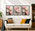 3-Piece Blush Pink Floral Wall Art Set - 3D Textured Botanical & Cosmos Canvas Prints for Living Room