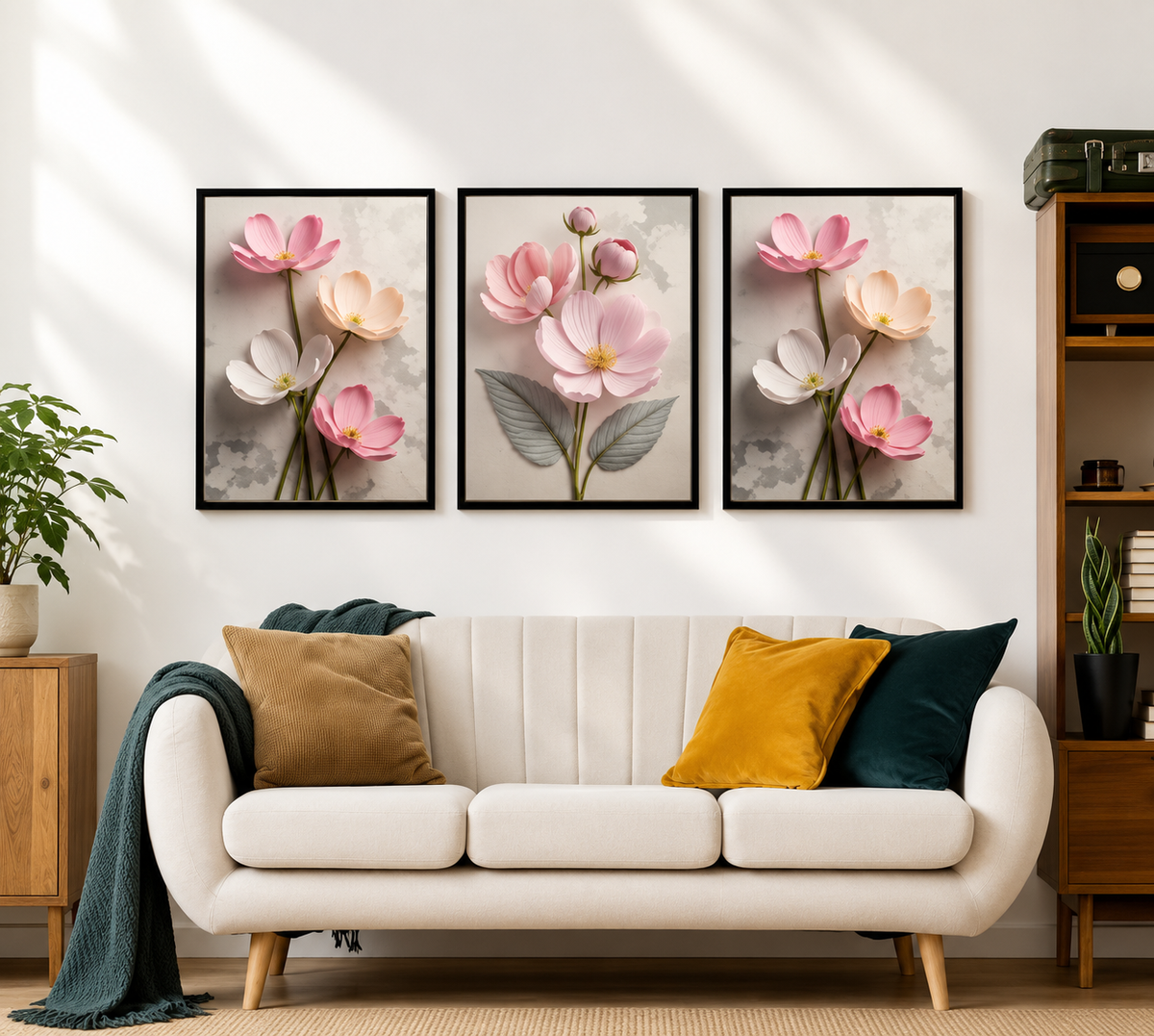 3-Piece Blush Pink Floral Wall Art Set - 3D Textured Botanical & Cosmos Canvas Prints for Living Room
