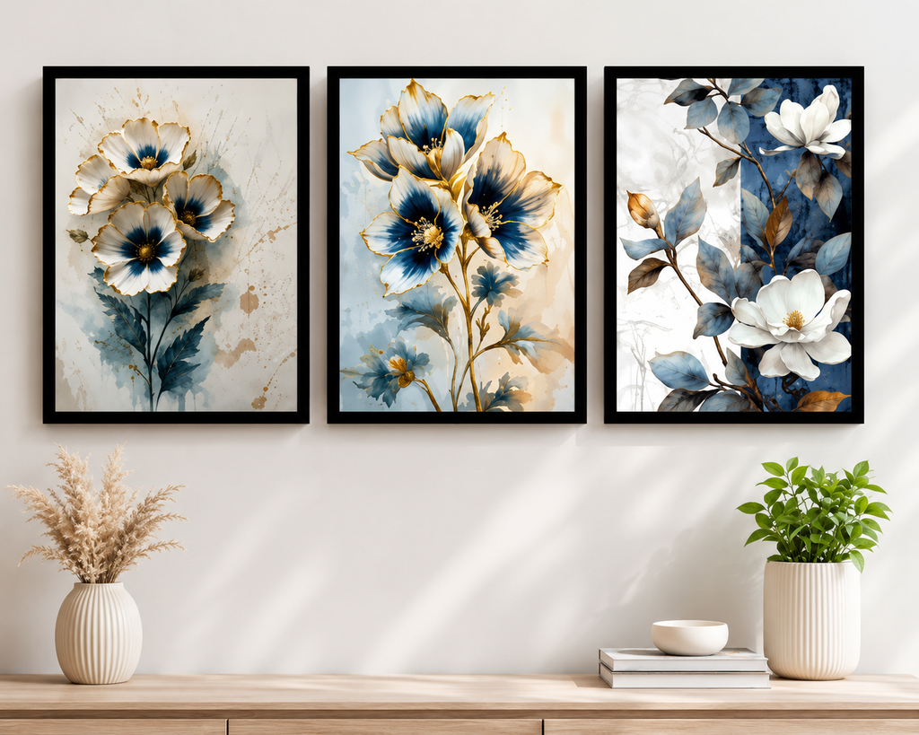 3-Piece Navy Blue & Gold Floral Wall Art Set - Watercolor Botanical & Magnolia Canvas Prints for Living Room