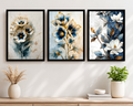 3-Piece Navy Blue & Gold Floral Wall Art Set - Watercolor Botanical & Magnolia Canvas Prints for Living Room