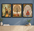 3-Piece Indian Miniature Painting Wall Art Set - Traditional Pichwai Tree of Life & Mughal Royal Court Canvas Prints