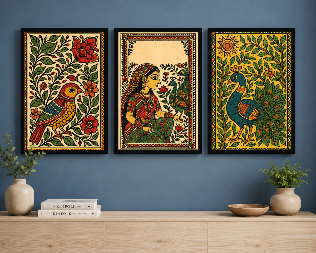 Vintage Indian Peacock & Floral Folk Art Triptych - Ethnic Boho Wall Decor in Mustard Yellow