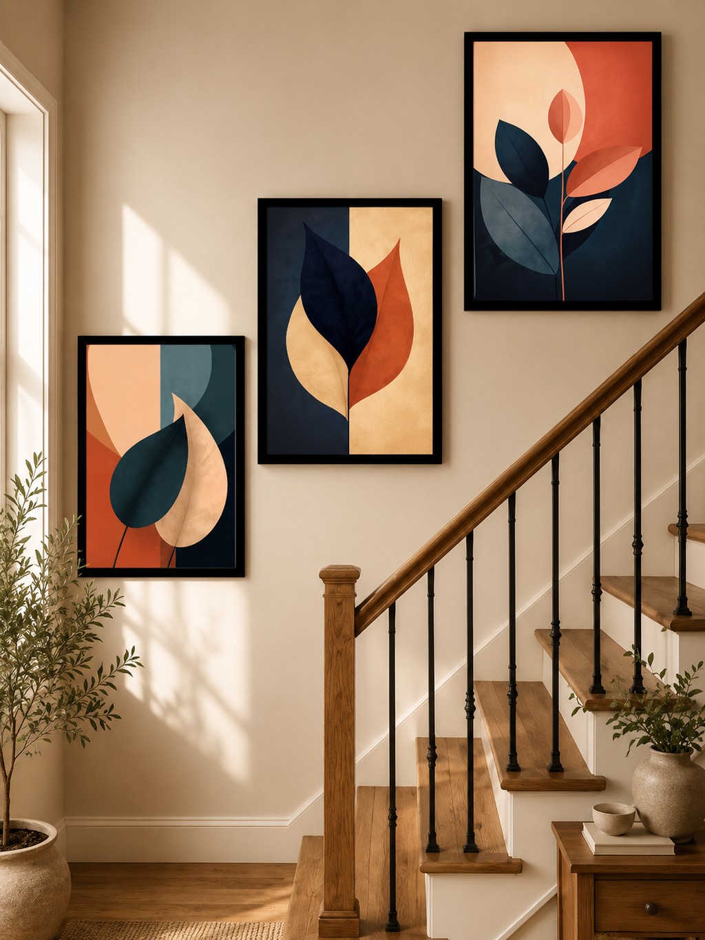 3-Piece Mid-Century Modern Botanical Wall Art Set - Terracotta & Navy Blue Abstract Leaf Canvas Prints