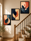 3-Piece Mid-Century Modern Botanical Wall Art Set - Terracotta & Navy Blue Abstract Leaf Canvas Prints
