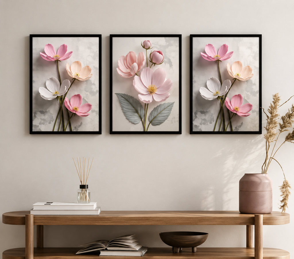 3-Piece Blush Pink Floral Wall Art Set - 3D Textured Botanical & Cosmos Canvas Prints for Living Room