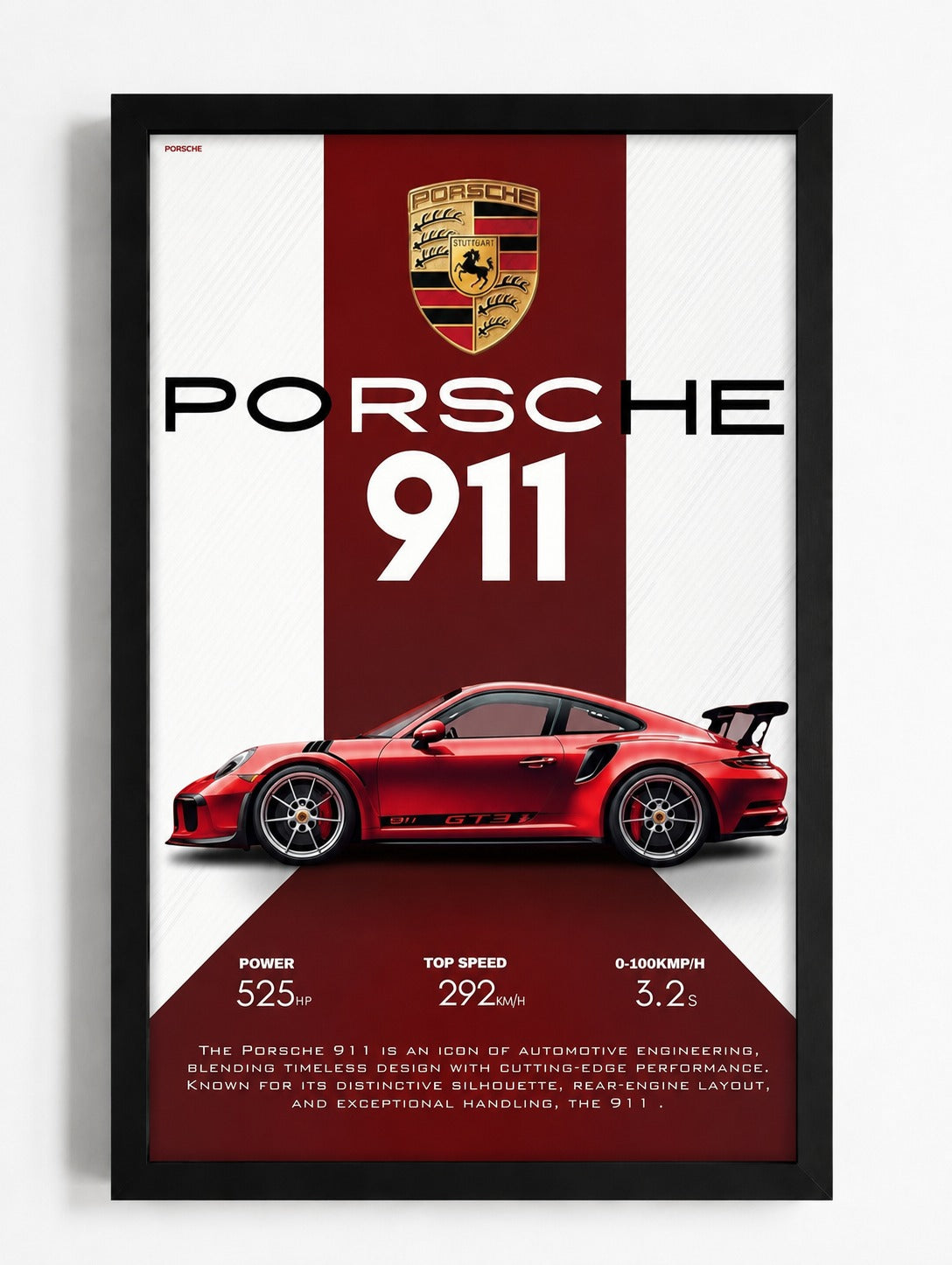 Porsche 911 GT3 RS Specification Poster - Modern Minimalist Red Sports Car Wall Art Print