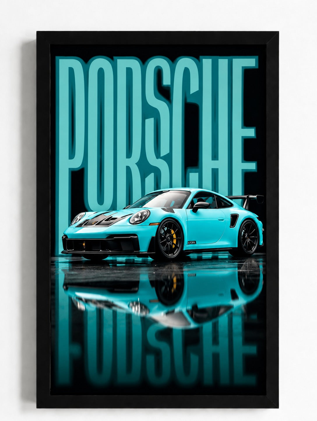 Porsche 911 GT3 RS Miami Blue Reflection Poster - Modern Typography Sports Car Wall Art Print