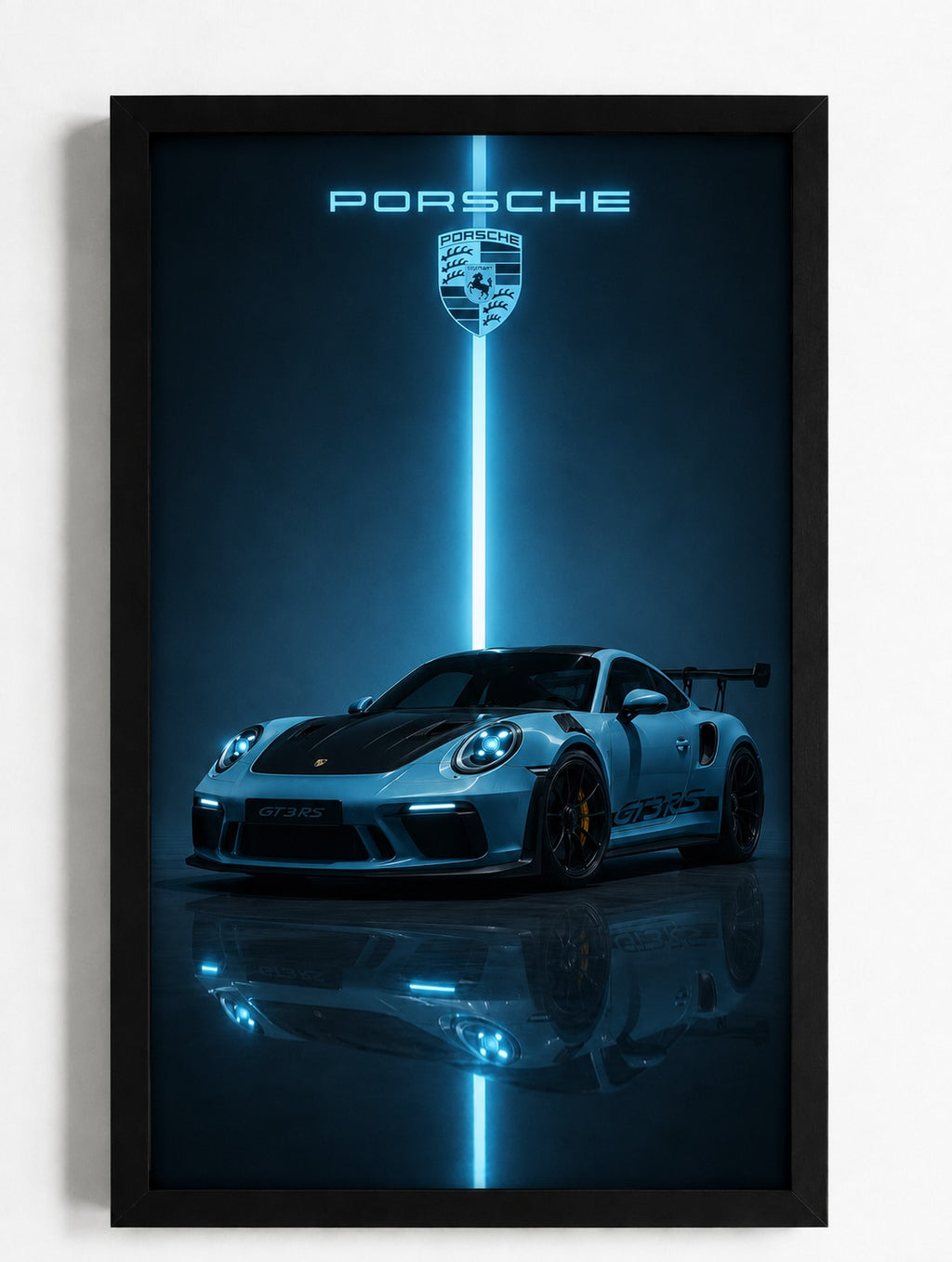Porsche 911 GT3 RS Neon Light Poster - Blue Cyberpunk Sports Car Wall Art Print