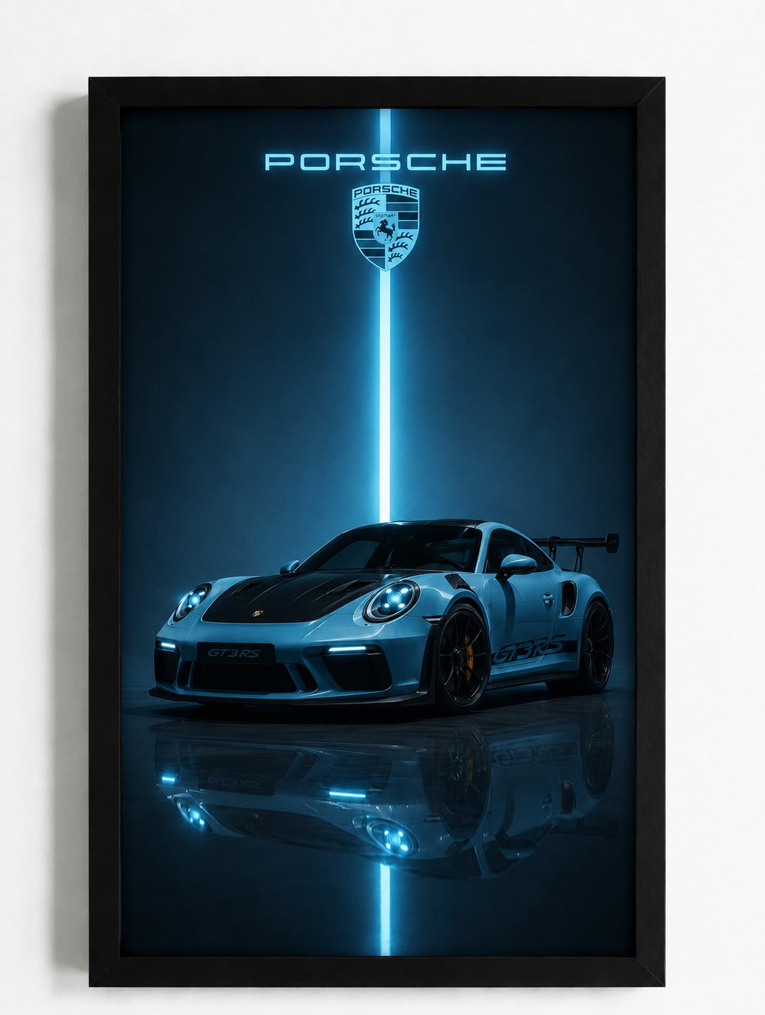 Porsche 911 GT3 RS Neon Light Poster - Blue Cyberpunk Sports Car Wall Art Print