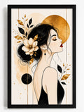 Elegant Boho Woman Portrait Framed Wall Art - Gold & Black Abstract Floral Painting for Living Room, Bedroom & Office Decor