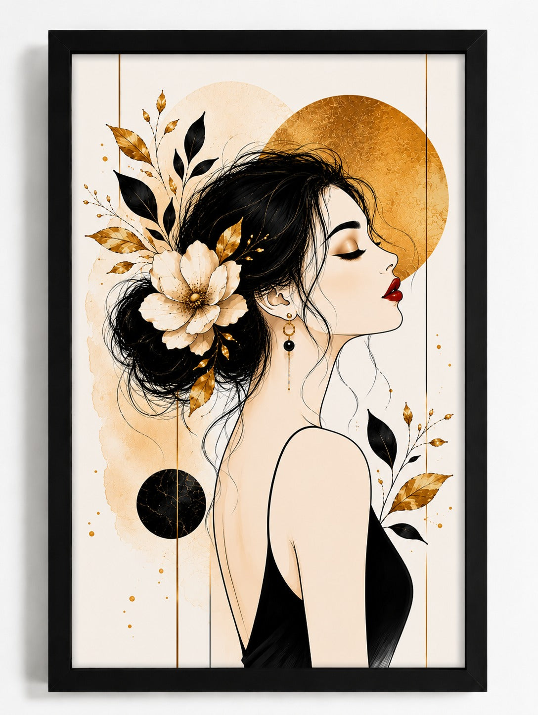 Elegant Boho Woman Portrait Framed Wall Art - Gold & Black Abstract Floral Painting for Living Room, Bedroom & Office Decor