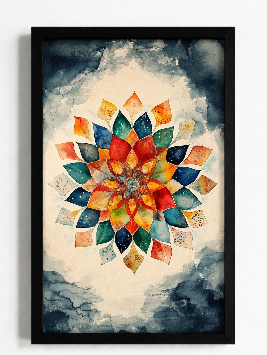 Vibrant Watercolor Mandala Framed Wall Art - Abstract Floral Painting for Living Room, Bedroom & Home Decor