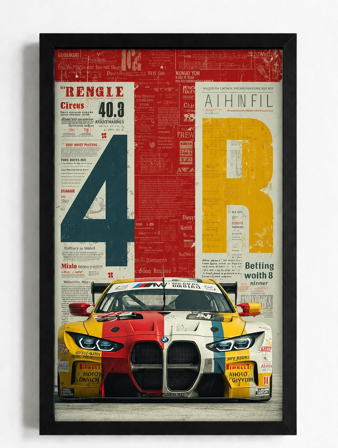 BMW M4 GT3 Racing Car Wall Art - Vintage Newspaper Collage & Pop Art Sports Car Poster Print