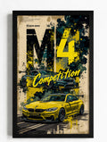 BMW M4 Competition Street Art Poster - Graffiti Style Yellow & Black Sports Car Wall Art Print
