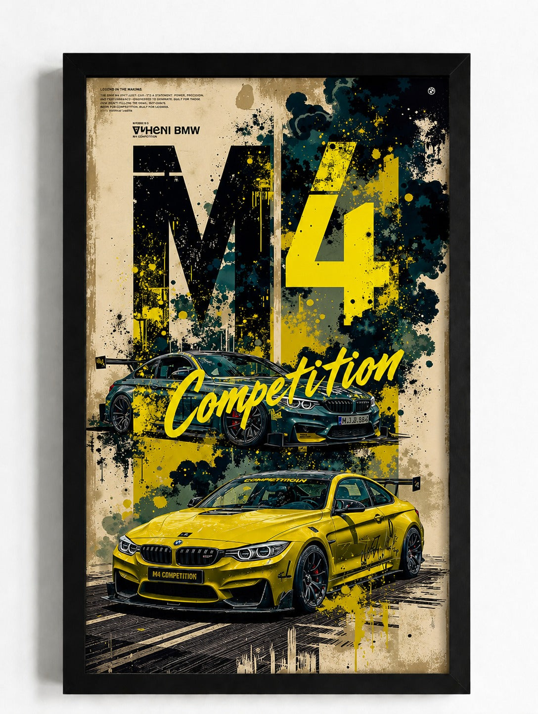 BMW M4 Competition Street Art Poster - Graffiti Style Yellow & Black Sports Car Wall Art Print